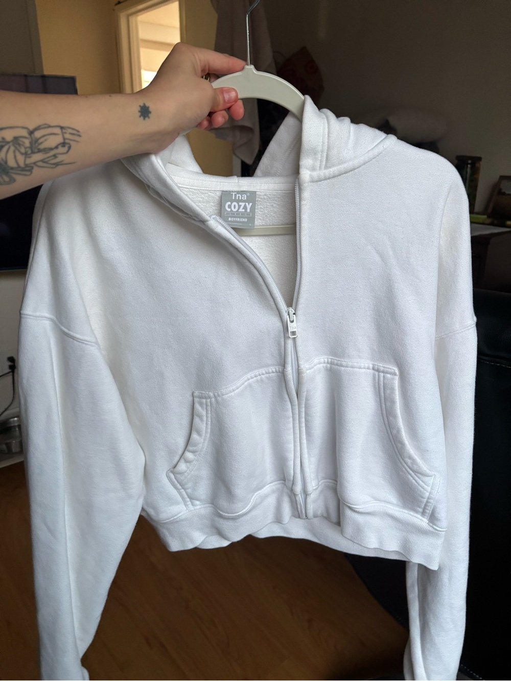 TNA Cozy White Cropped Zip-Up Hoodie